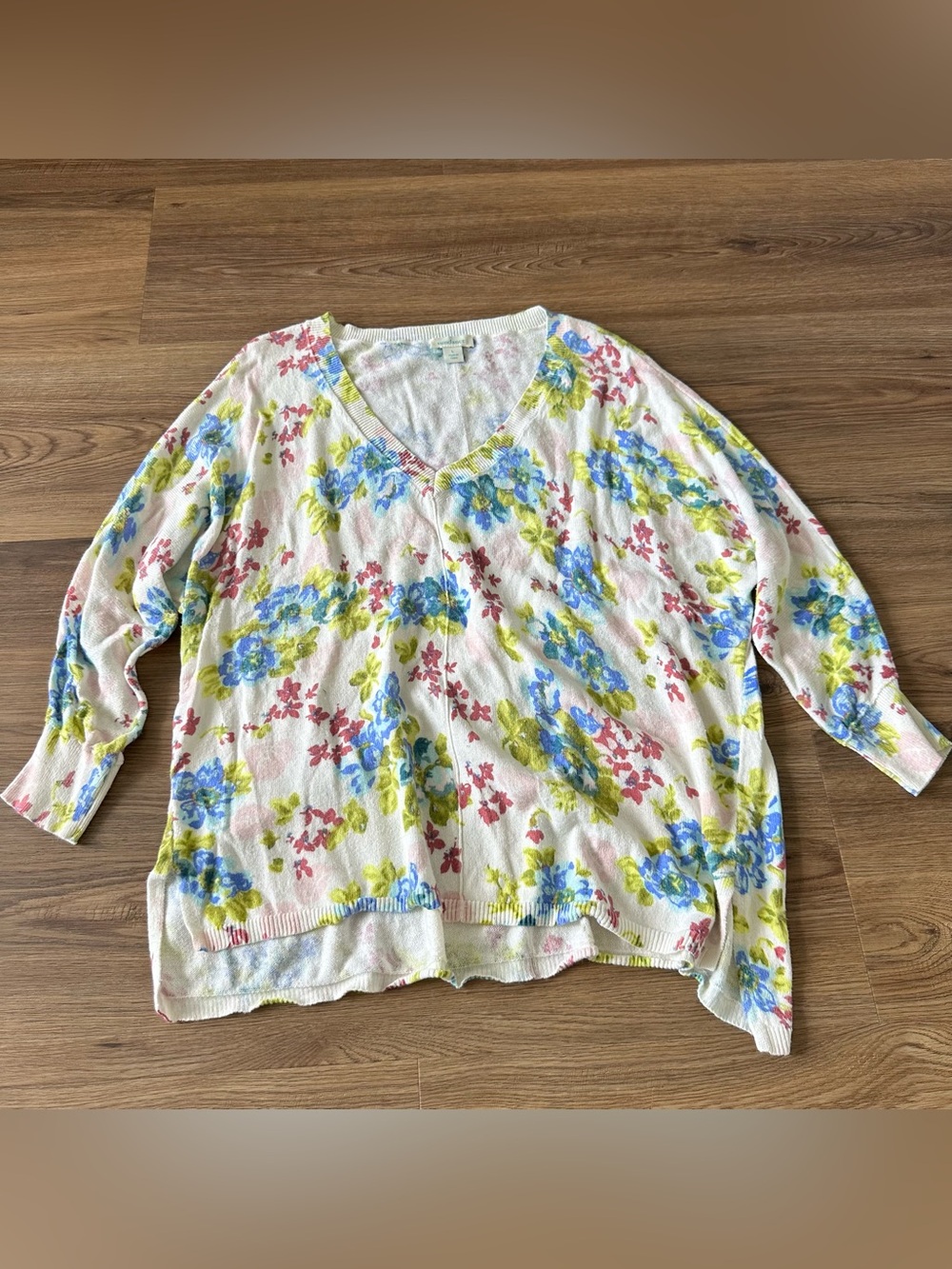 Sundance Watercolor Floral Knit Sweater V-Neck Dolman Sleeve Boho Cotton Large